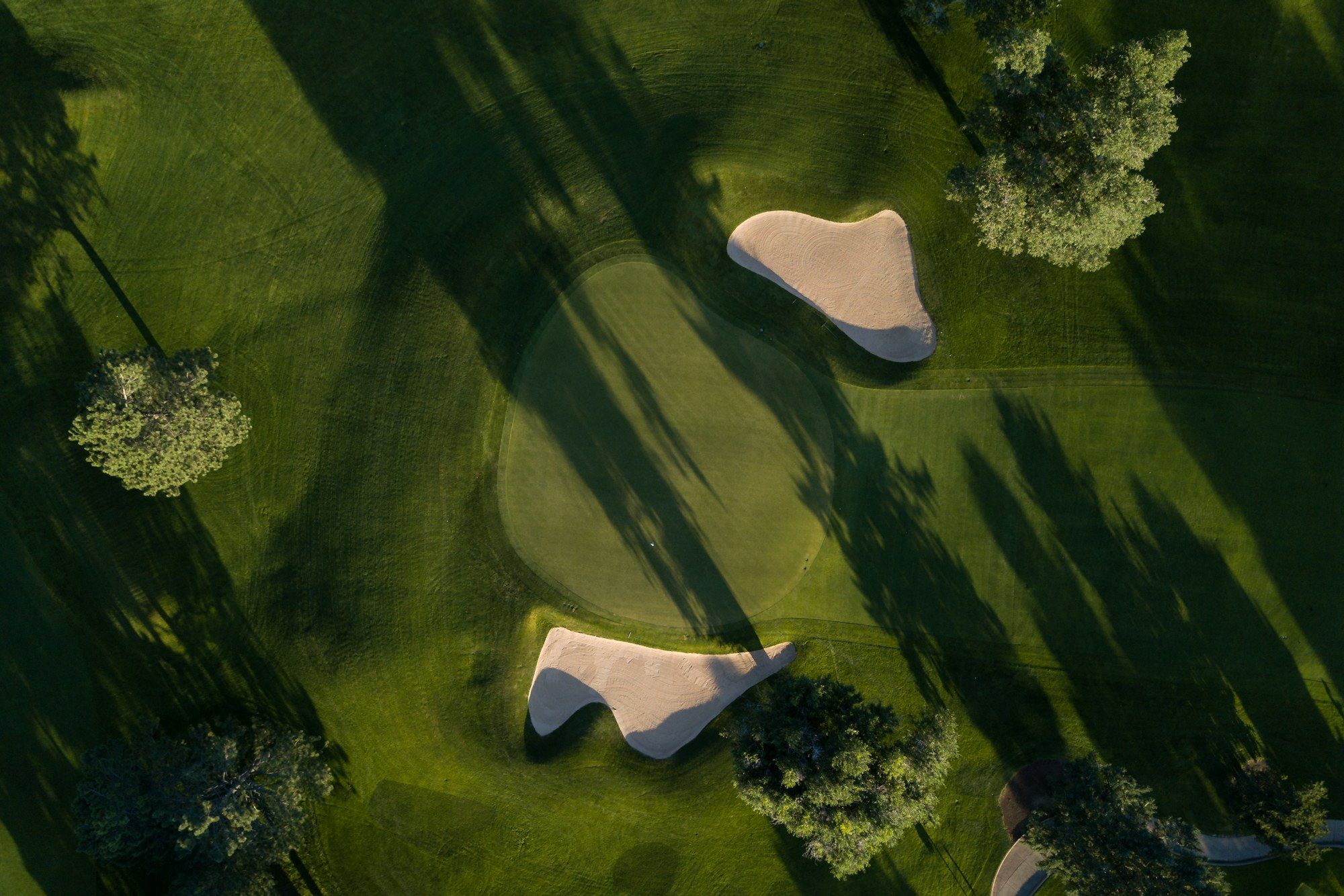 Luftaufnahme eines Golfplatzes mit Fairways, Bäumen und Bunkern
