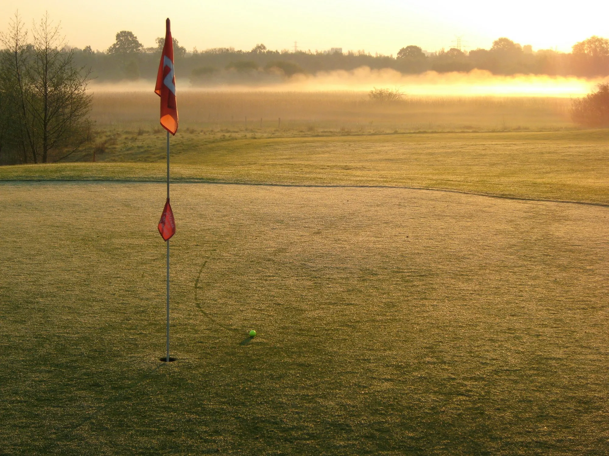Fahne auf einem Grün im Morgennebel
